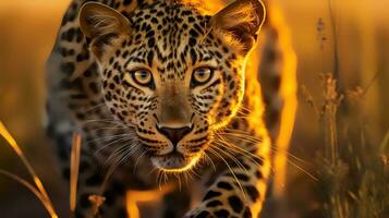 foto van luipaard Aan savanne Bij zonsondergang. generatief ai