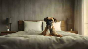 bokser hond aan het liegen Aan bed in hotel met hedendaags interieur ontwerp. generatief ai foto