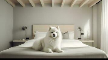 samojeed hond aan het liegen Aan bed in hotel met hedendaags interieur ontwerp. generatief ai foto