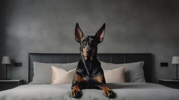 doberman hond aan het liegen Aan bed in hotel met hedendaags interieur ontwerp. generatief ai foto