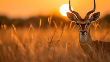 foto van antilope topi Aan savanne Bij zonsondergang. generatief ai