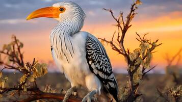 foto van geelsnavel neushoornvogel Aan savanne Bij zonsondergang. generatief ai