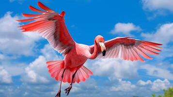 flamingo's sierlijk stijgend door de levendig blauw lucht. ai gegenereerd foto