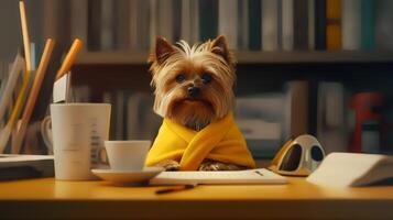 een yorkshire terriër hond in een geel trui zit aan het studeren vergezeld door een kop en aambeien van boeken foto