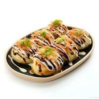 voedsel fotografie van takoyaki Aan bord geïsoleerd Aan wit achtergrond. generatief ai foto