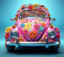 kikker auto met bloem decoratie Aan blauw achtergrond foto