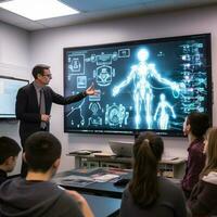 leraar onderwijs met LED technologie bord foto