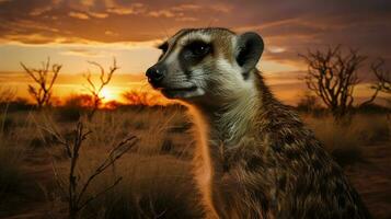 foto van meerkat Aan savanne Bij zonsondergang. generatief ai