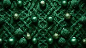 levendig groen trui structuur met winter kerstballen foto