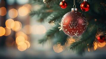 feestelijk Kerstmis boom met lichten en ornamenten foto