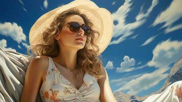 mooi vrouw in zonnebril en een hoed Aan een zonnig dag Bij de strand. gezicht detailopname. ai gegenereerd foto
