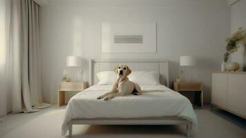 gouden retriever hond aan het liegen Aan bed in hotel met hedendaags interieur ontwerp. generatief ai foto