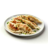 foto van gyoza Aan bord geïsoleerd Aan wit achtergrond. gemaakt door generatief ai