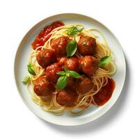 voedsel fotografie van spaghetti met gehaktballen Aan bord geïsoleerd Aan wit achtergrond. generatief ai foto
