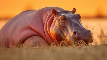 foto van nijlpaard Aan savanne Bij zonsondergang. generatief ai