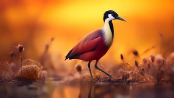 foto van Afrikaanse jacana Aan savanne Bij zonsondergang. generatief ai