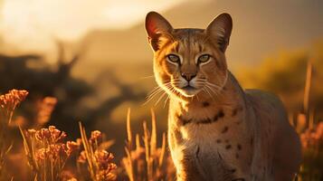 foto van Afrikaanse gouden kat Aan savanne Bij zonsondergang. generatief ai