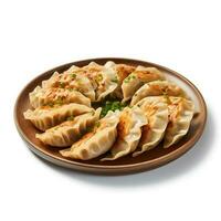 foto van gyoza Aan bord geïsoleerd Aan wit achtergrond. gemaakt door generatief ai