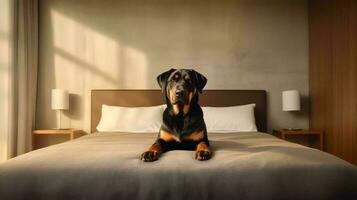rottweiler hond aan het liegen Aan bed in hotel met hedendaags interieur ontwerp. generatief ai foto