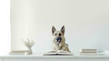 een Duitse herder hond in een trui zit aan het studeren vergezeld door een kop en aambeien van boeken. generatief ai foto