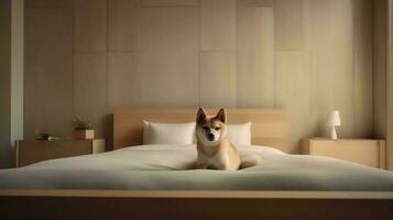 shiba inu hond aan het liegen Aan bed in hotel met hedendaags interieur ontwerp. generatief ai foto
