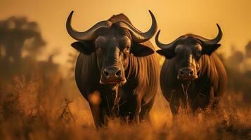 foto van buffel Aan savanne Bij zonsondergang. generatief ai