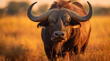 foto van buffel Aan savanne Bij zonsondergang. generatief ai