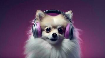 foto van pommeren hond gebruik makend van koptelefoon Aan Purper achtergrond. generatief ai