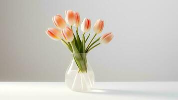 foto van tulpen in minimalistische transparant vaas net zo kamerplant voor huis decoratie Aan warm kleur achtergrond. generatief ai