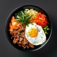 foto van Bibimbap Aan donker kom geïsoleerd Aan zwart achtergrond. gemaakt door generatief ai