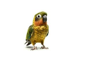 foto van een conure vogel Aan wit achtergrond. generatief ai