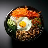 foto van Bibimbap Aan donker kom geïsoleerd Aan zwart achtergrond. gemaakt door generatief ai