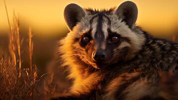 foto van Afrikaanse civet Aan savanne Bij zonsondergang. generatief ai