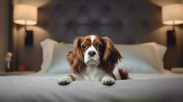 cavalier hond aan het liegen Aan bed in hotel met hedendaags interieur ontwerp. generatief ai foto