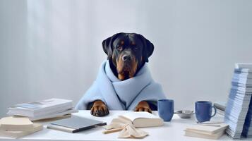 een rottweiler hond in een trui zit aan het studeren vergezeld door een kop en aambeien van boeken. generatief ai foto