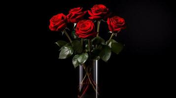 foto van roos bloemen in minimalistische vaas net zo kamerplant voor huis decoratie Aan zwart achtergrond. generatief ai