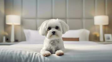 Maltees hond aan het liegen Aan bed in hotel met hedendaags interieur ontwerp. generatief ai foto