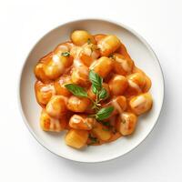 foto van gnocchi met saus Aan bord geïsoleerd Aan wit achtergrond. gemaakt door generatief ai