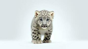 foto van een sneeuw luipaard Aan wit achtergrond. generatief ai
