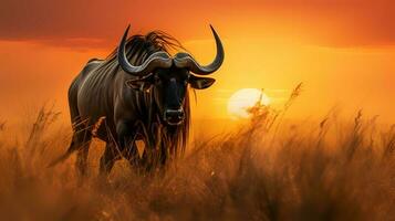 foto van wildebeest Aan savanne Bij zonsondergang. generatief ai