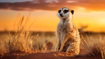 foto van meerkat Aan savanne Bij zonsondergang. generatief ai