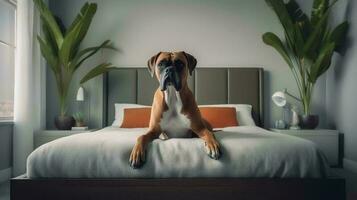bokser hond aan het liegen Aan bed in hotel met hedendaags interieur ontwerp. generatief ai foto
