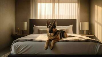 Duitse herder hond aan het liegen Aan bed in hotel met hedendaags interieur ontwerp. generatief ai foto