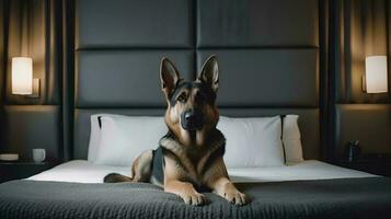 Duitse herder hond aan het liegen Aan bed in hotel met hedendaags interieur ontwerp. generatief ai foto