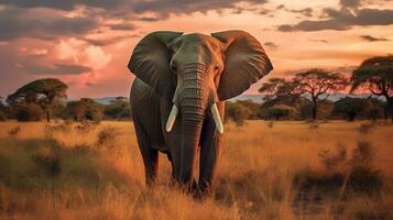 foto van olifant Aan savanne Bij zonsondergang. generatief ai