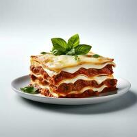 voedsel fotografie van lasagne Aan bord geïsoleerd Aan wit achtergrond. generatief ai foto