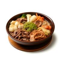 voedsel fotografie van sukiyaki Aan zwart kom geïsoleerd Aan wit achtergrond. generatief ai foto