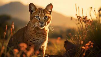 foto van Afrikaanse gouden kat Aan savanne Bij zonsondergang. generatief ai