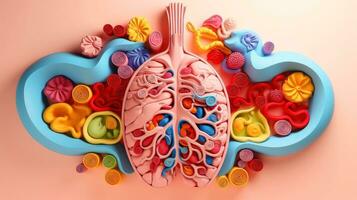 3d illustratie van de menselijk orgaan systemen, menselijk intern organen. anatomie. zenuwachtig, bloedsomloop, spijsvertering, uitscheidingsmechanisme, urinair, en bot systemen. medisch onderwijs concept, generatief ai illustratie foto