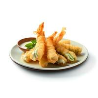 voedsel fotografie van tempura Aan bord geïsoleerd Aan wit achtergrond. generatief ai foto